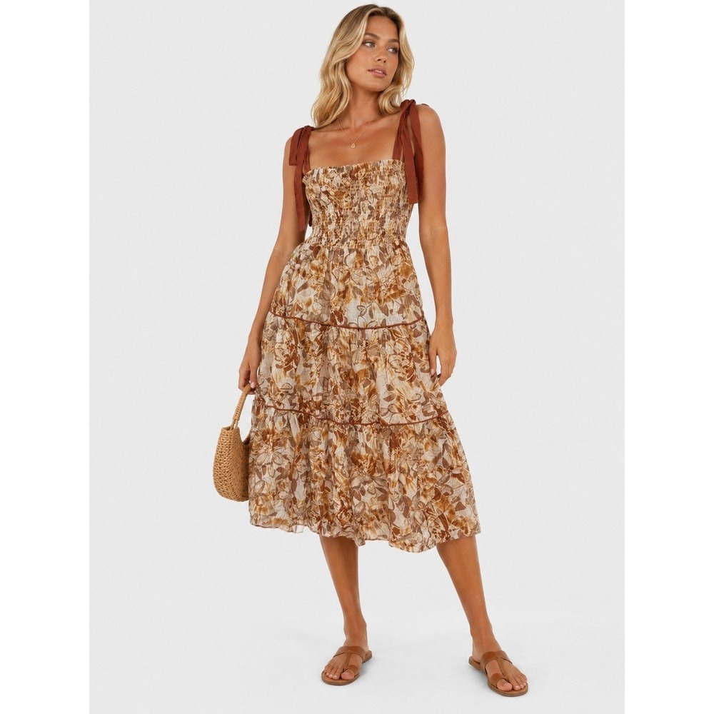 Jacquie The Label Gaia Midi Dress Brown Floral Smocked Tiered Size S